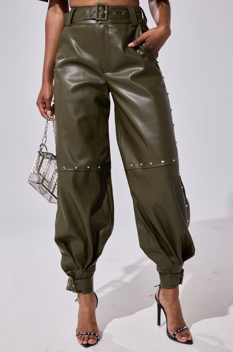 STUDDED FAUX LEATHER BELTED PANT