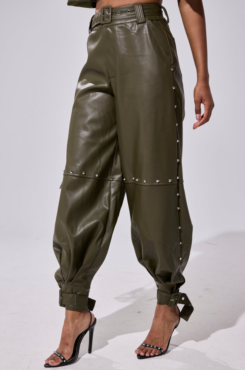 STUDDED FAUX LEATHER BELTED PANT