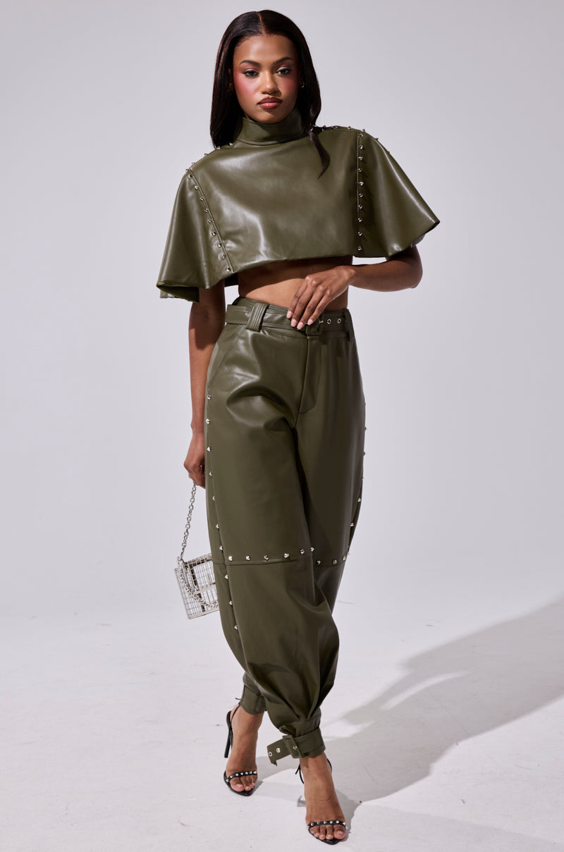 STUDDED FAUX LEATHER BELTED PANT