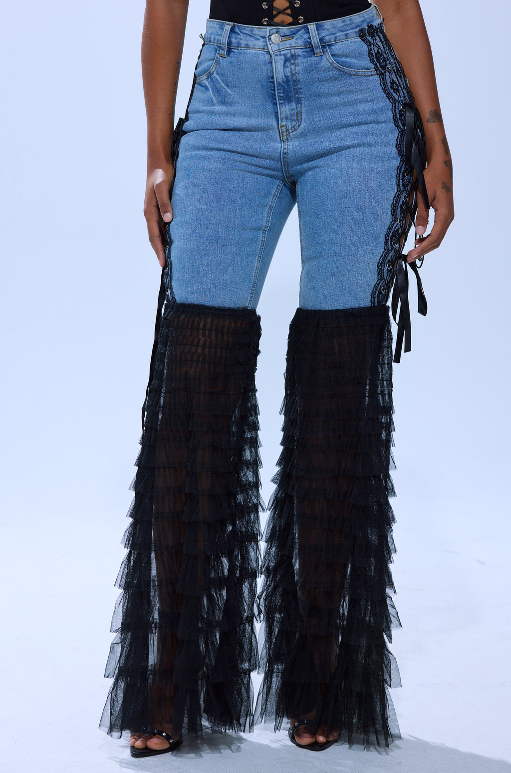 CAN'T DECIDE TULLE AND LACE DENIM JEANS