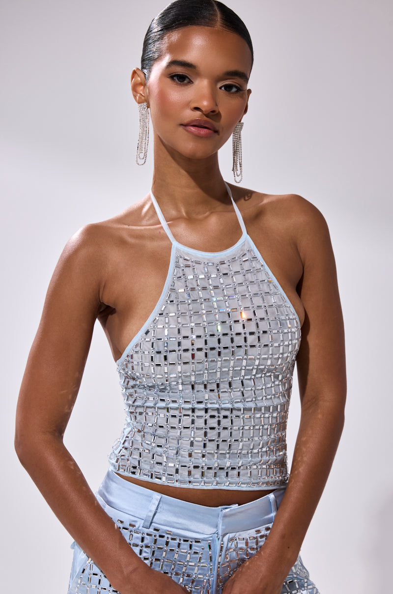LILA EMBELLISHED MOCK NECK MESH TOP