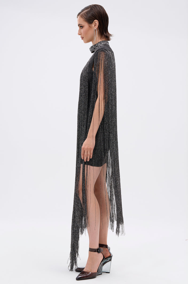 MIXED MESSAGES METALLIC BANDAGE MINI DRESS WITH FRINGE