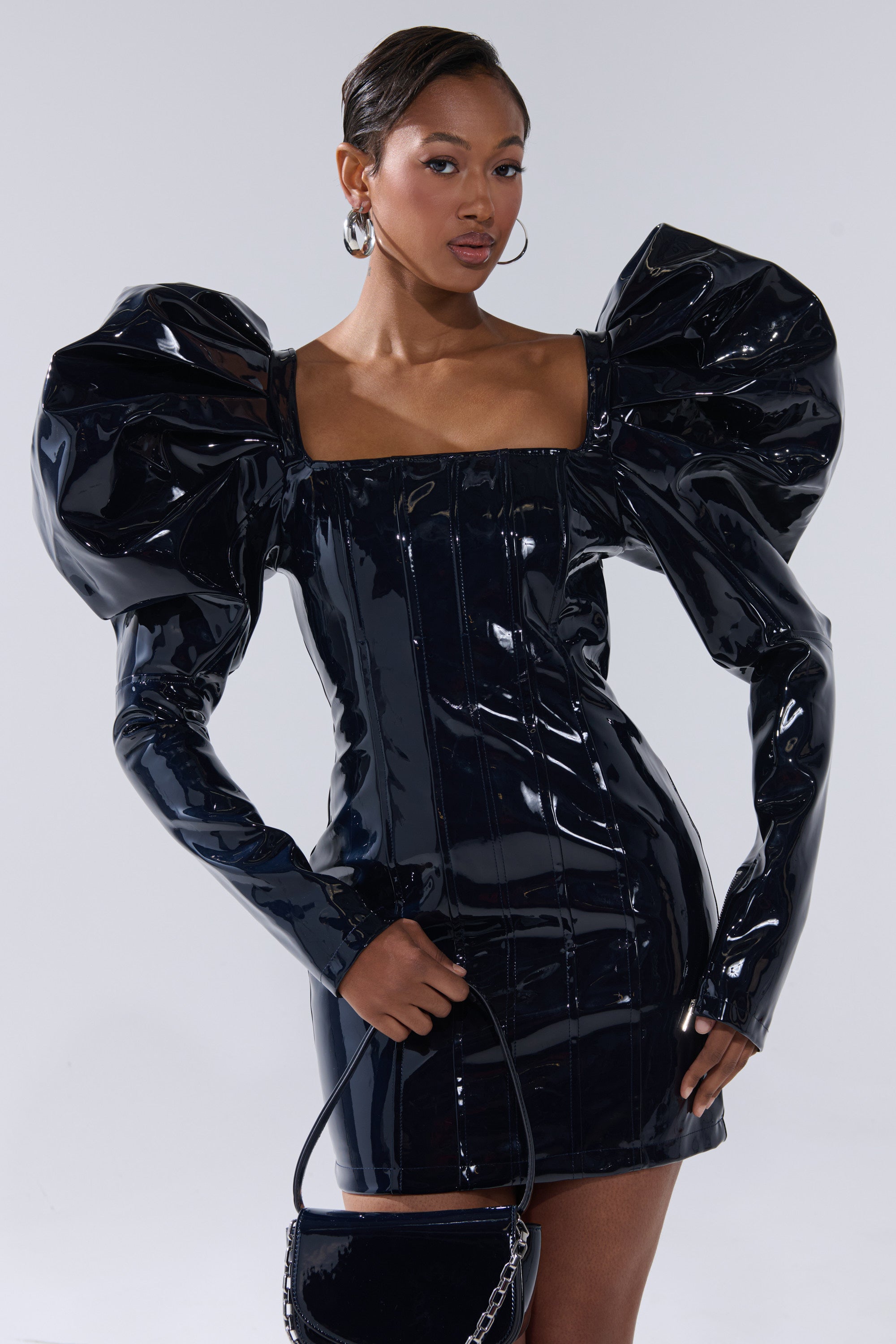 BADDIES ONLY PATENT MINI DRESS IN NAVY