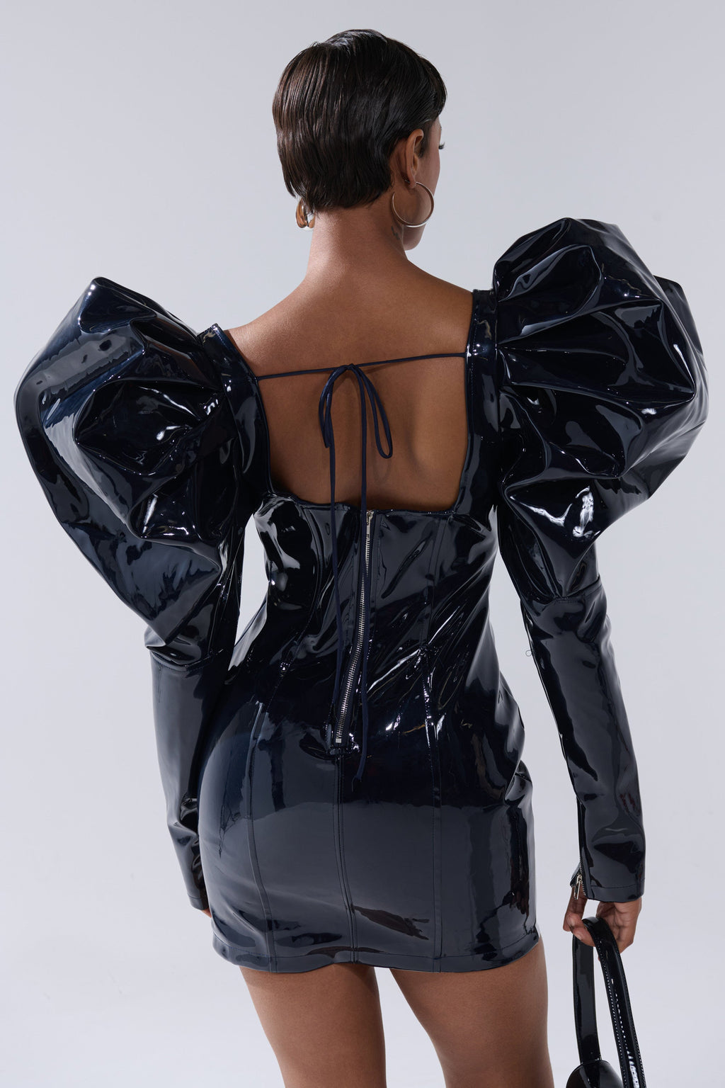 BADDIES ONLY PATENT MINI DRESS IN NAVY