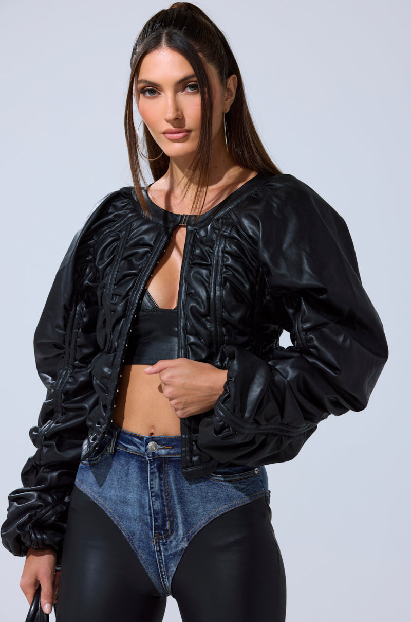 FAUX LEATHER CORSETED MOTO JACKET