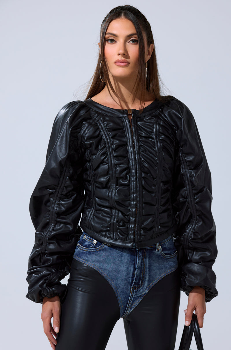FAUX LEATHER CORSETED MOTO JACKET