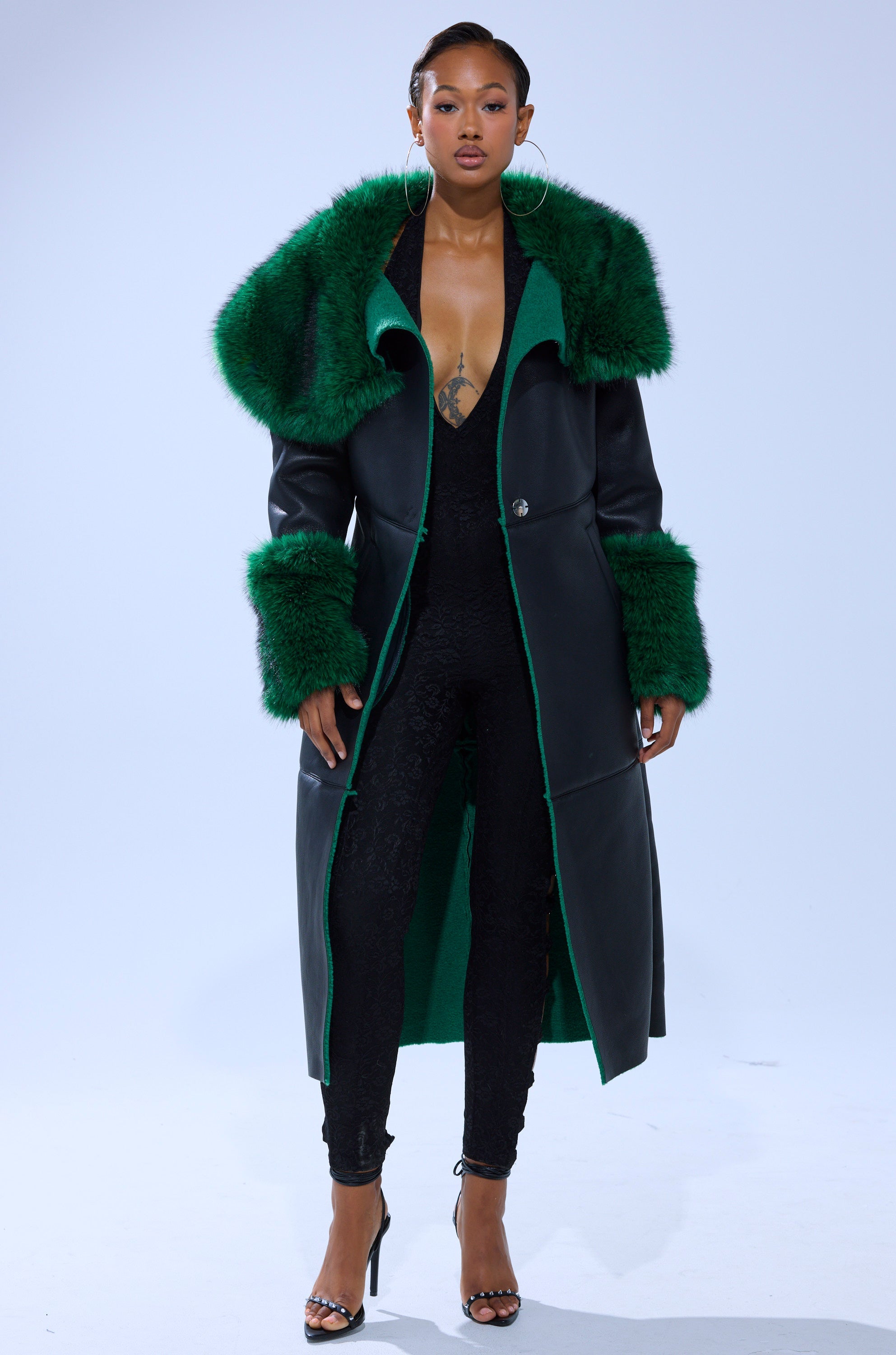SEEING GREEN FUR TRIM TRENCH