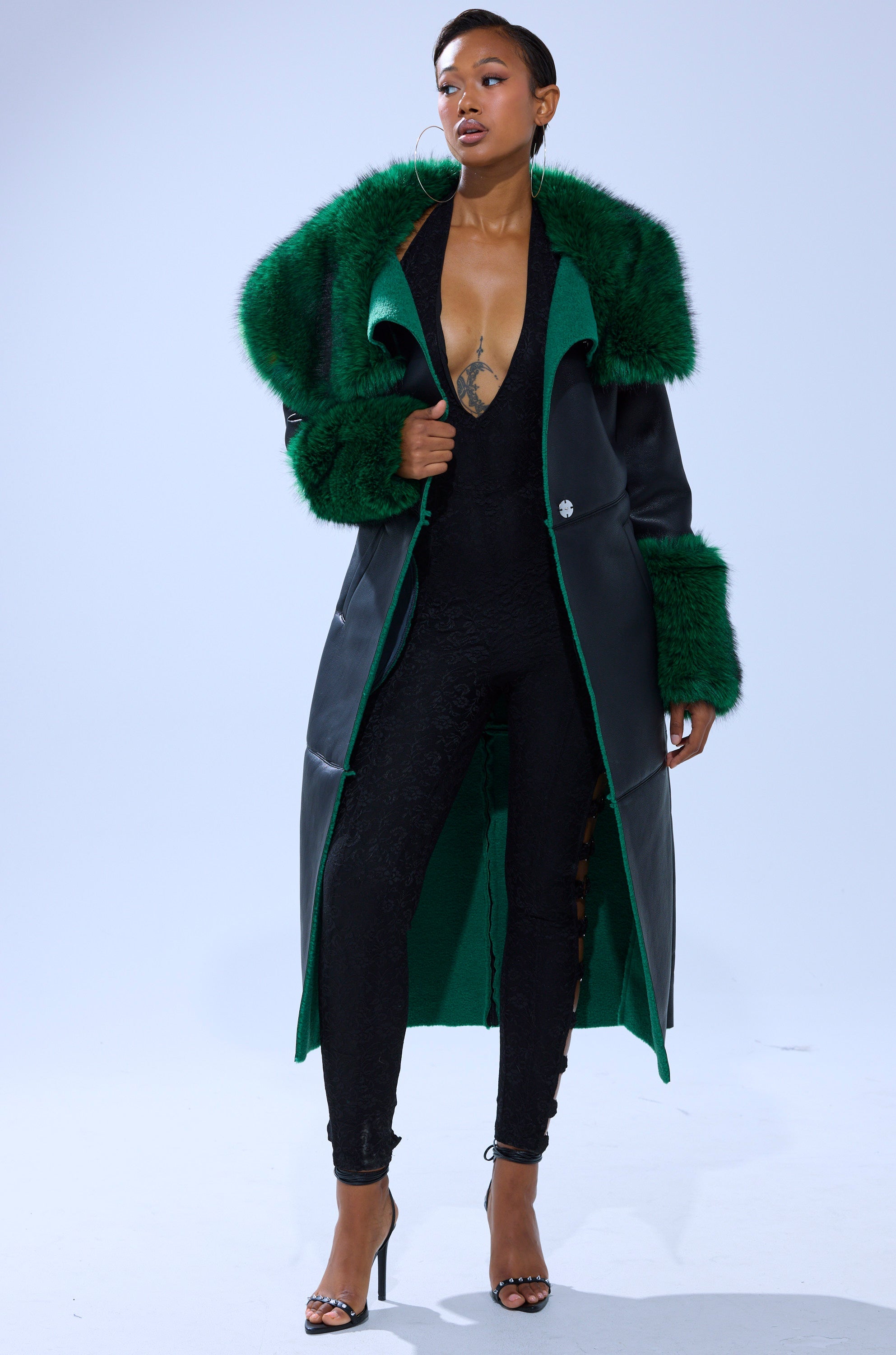 SEEING GREEN FUR TRIM TRENCH