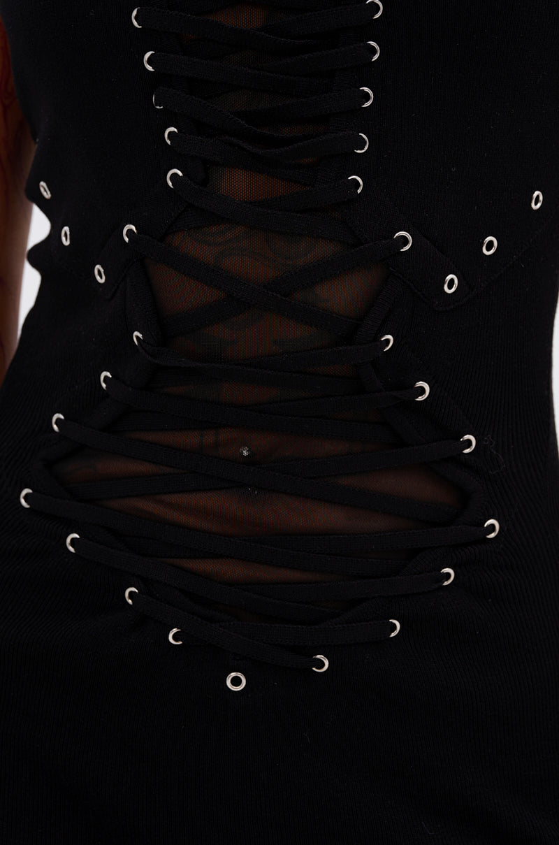 EDGY AND COOL LACE UP KNIT MINI DRESS