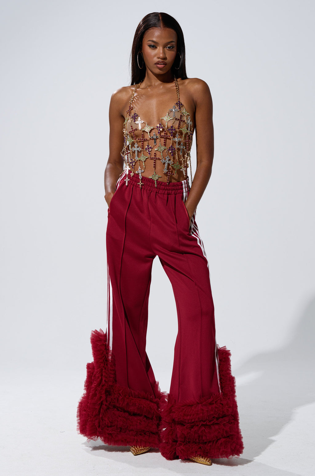 MODERN JAM TRACK PANT WITH TULLE IN BURGUNDY
