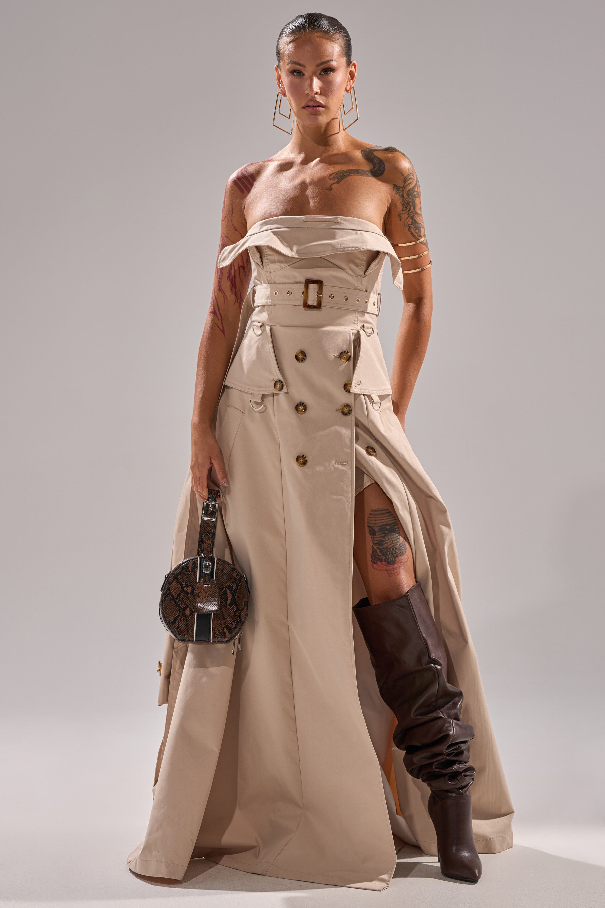 STRAPLESS TRENCH MAXI DRESS