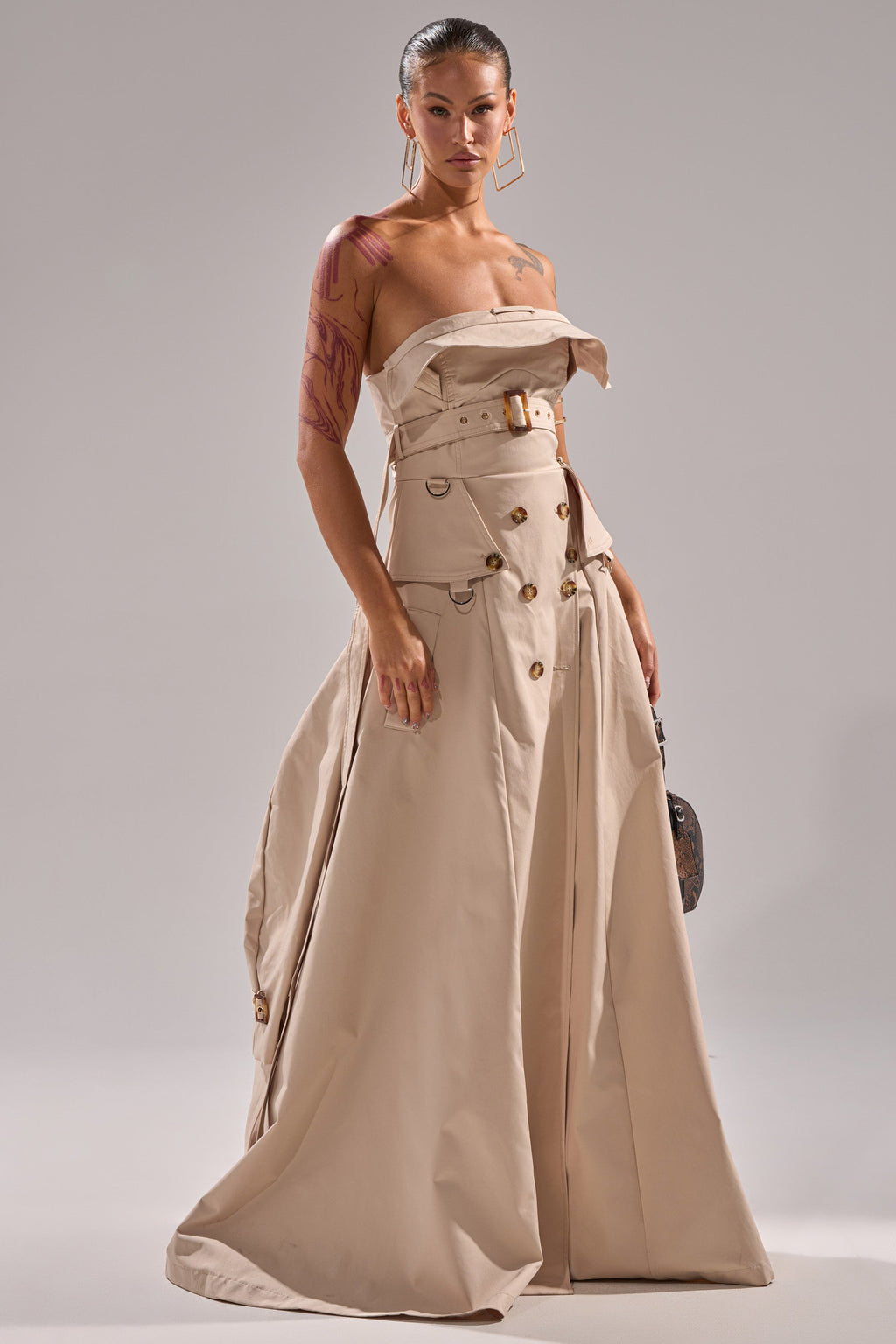 STRAPLESS TRENCH MAXI DRESS