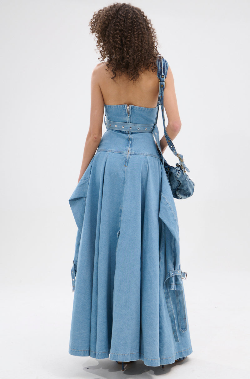 STRAPLESS TRENCH MAXI DRESS IN DENIM
