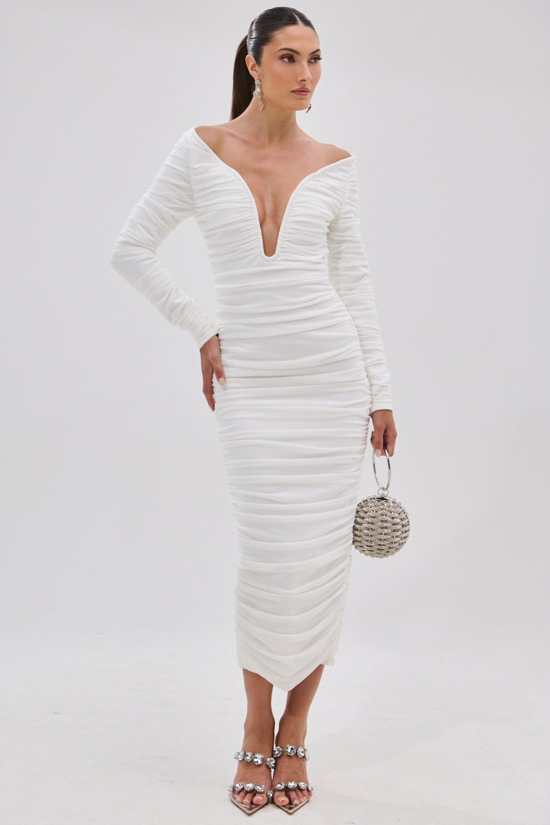 TARAJI BANDAGE MIDI DRESS WITH MESH OVERLAY
