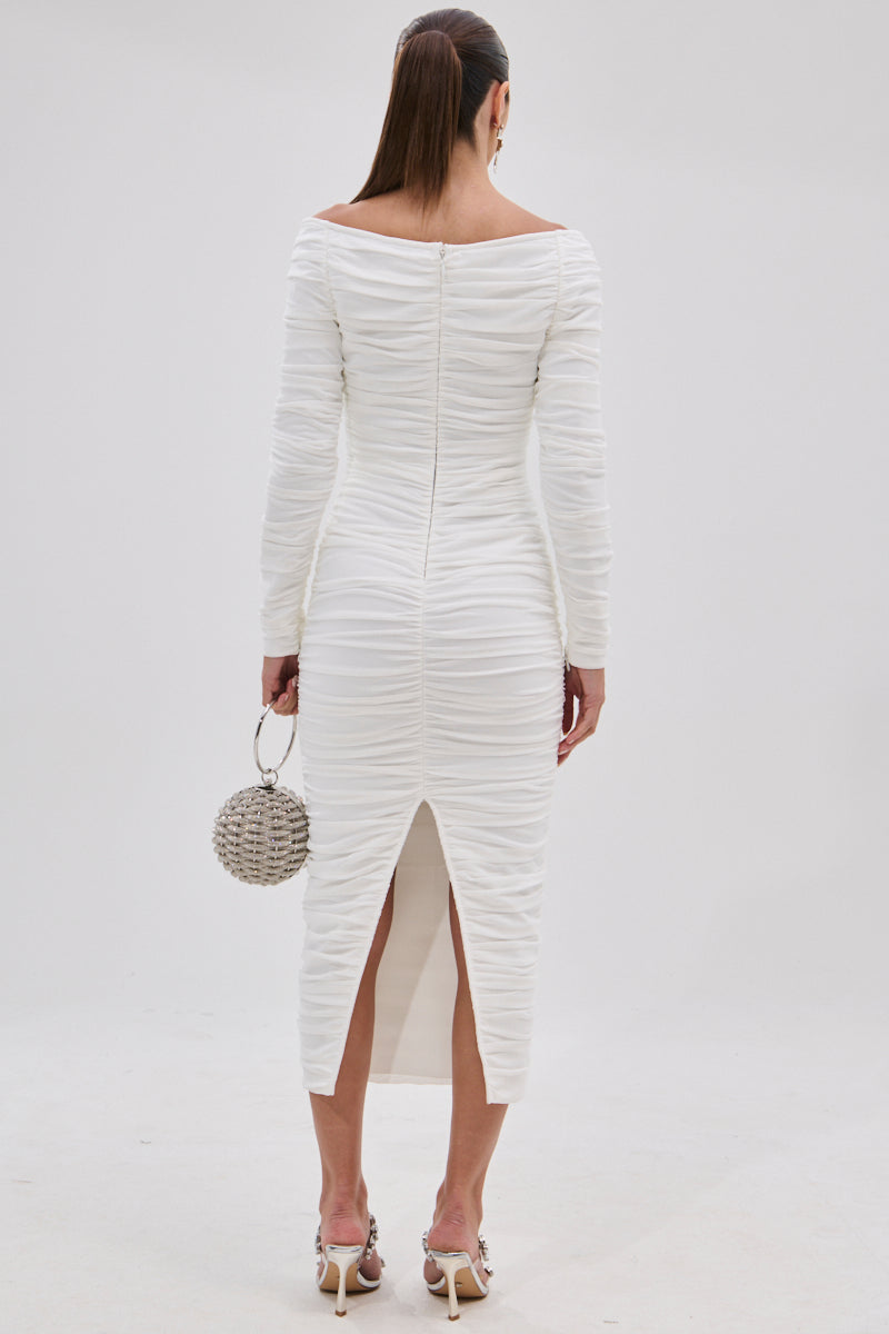 TARAJI BANDAGE MIDI DRESS WITH MESH OVERLAY