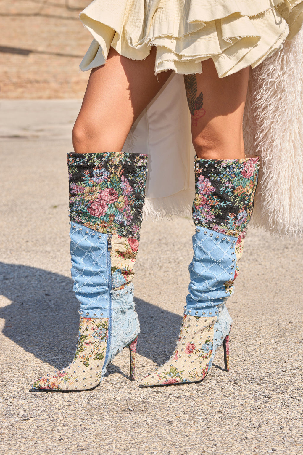 AZALEA WANG AILA DENIM MULTI STUDDED POINTED TOE STILETTO BOOT
