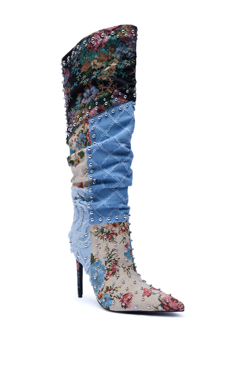 AZALEA WANG AILA DENIM MULTI STUDDED POINTED TOE STILETTO BOOT