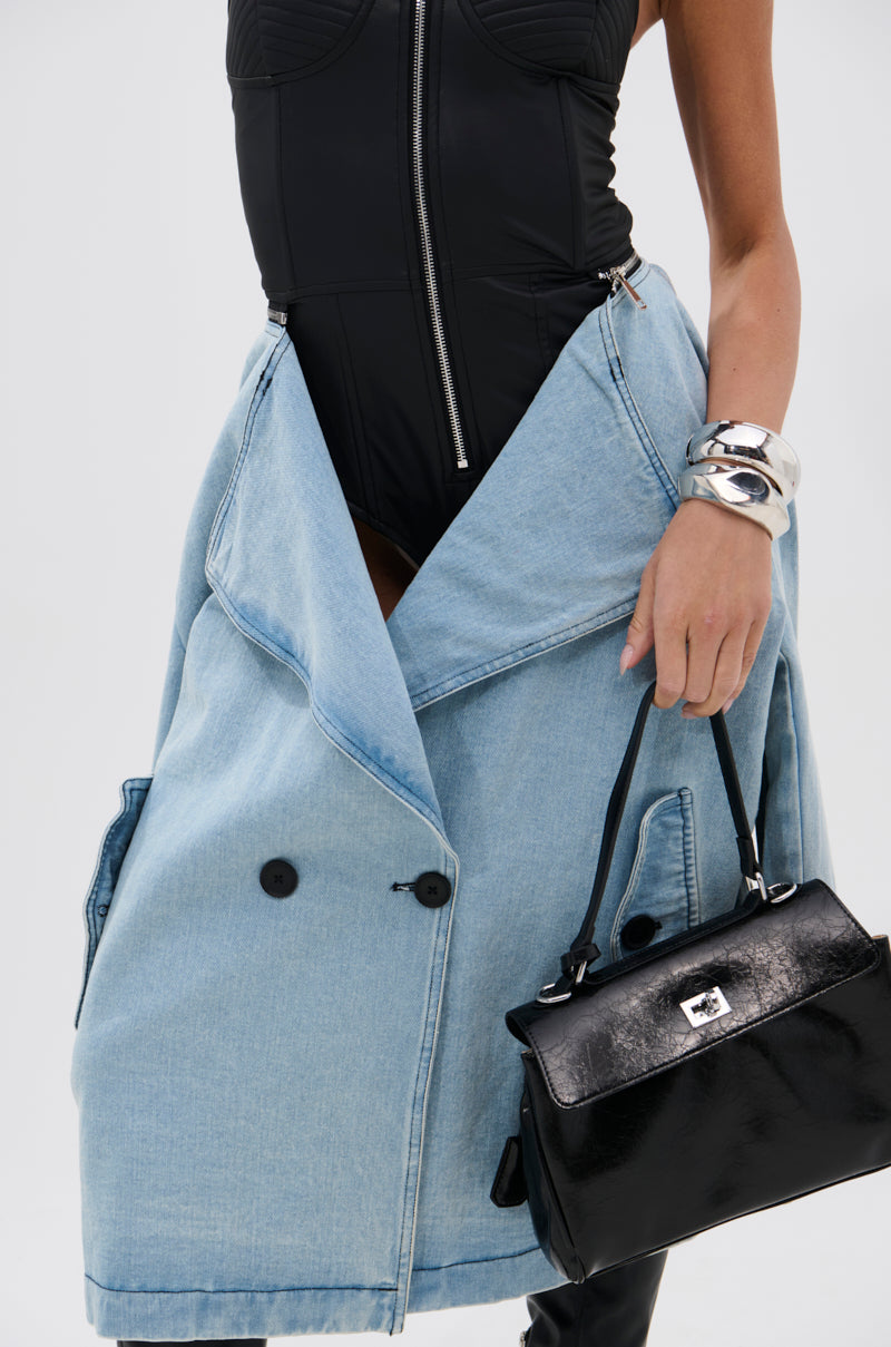 BUSINESS IN THE FRONT DENIM BLAZER MIDI DRESS