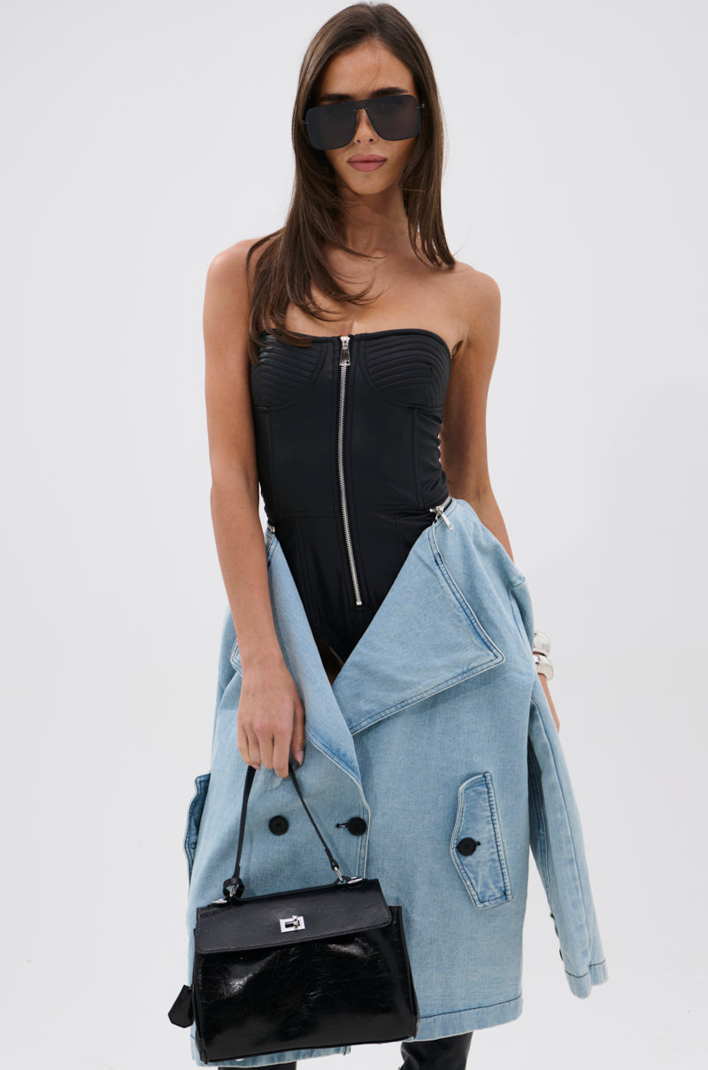 BUSINESS IN THE FRONT DENIM BLAZER MIDI DRESS