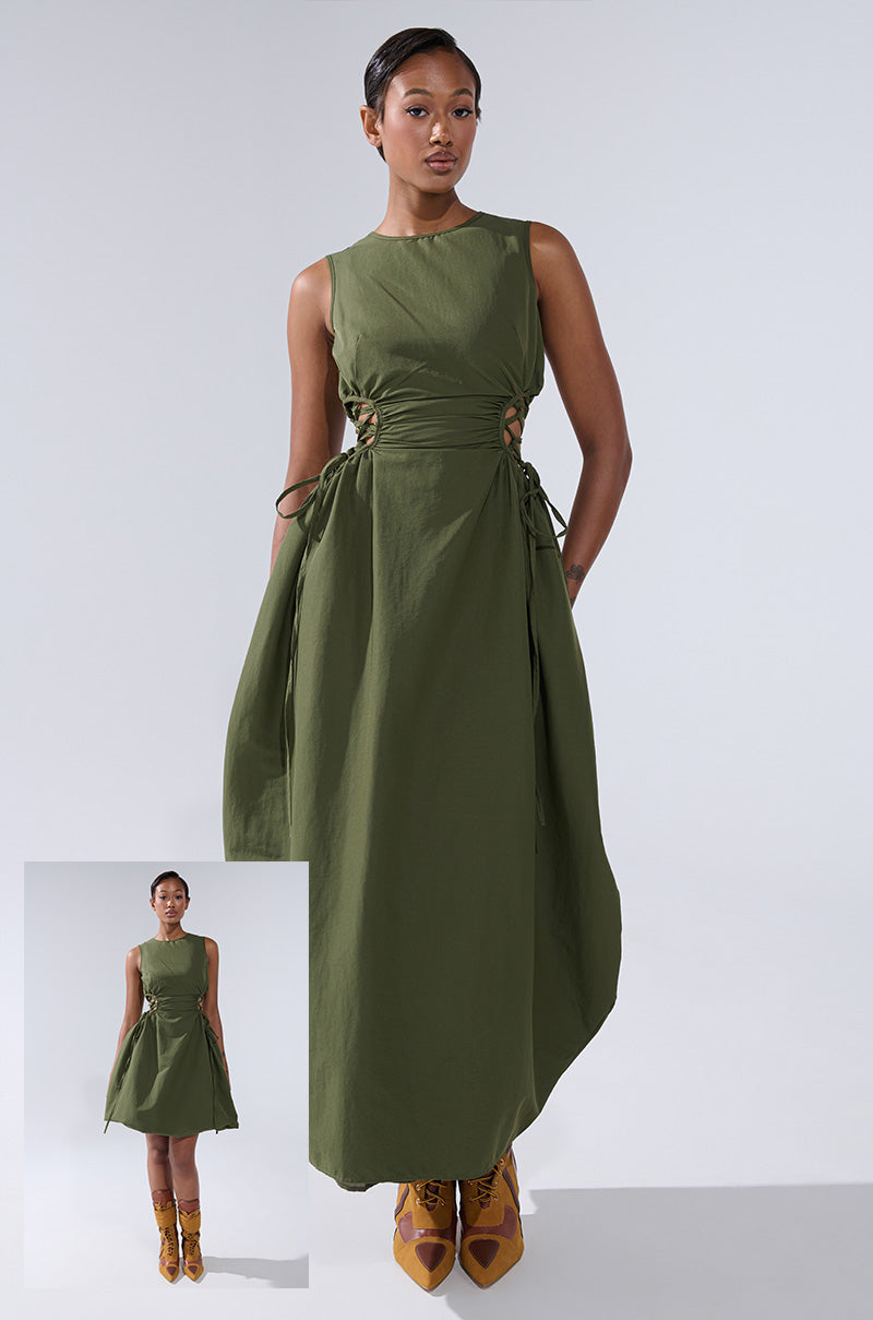 ALINA LACE UP DETAIL MAXI DRESS IN OLIVE
