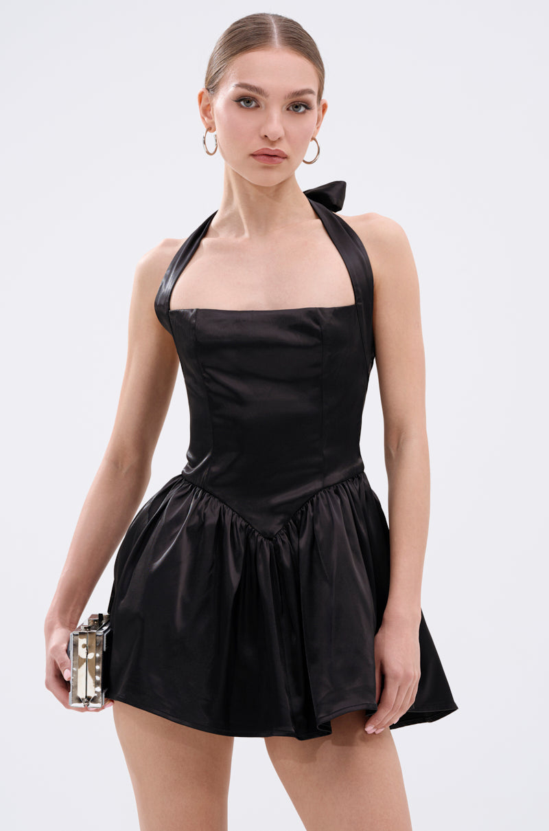 LIKE DAYLIGHT SATIN MINI DRESS IN BLACK