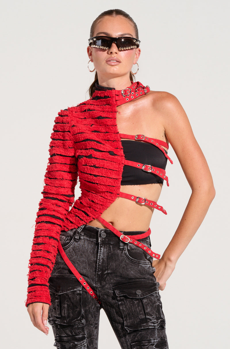 PRETTY RECKLESS DISTRESSED DENIM HALF THERE TOP