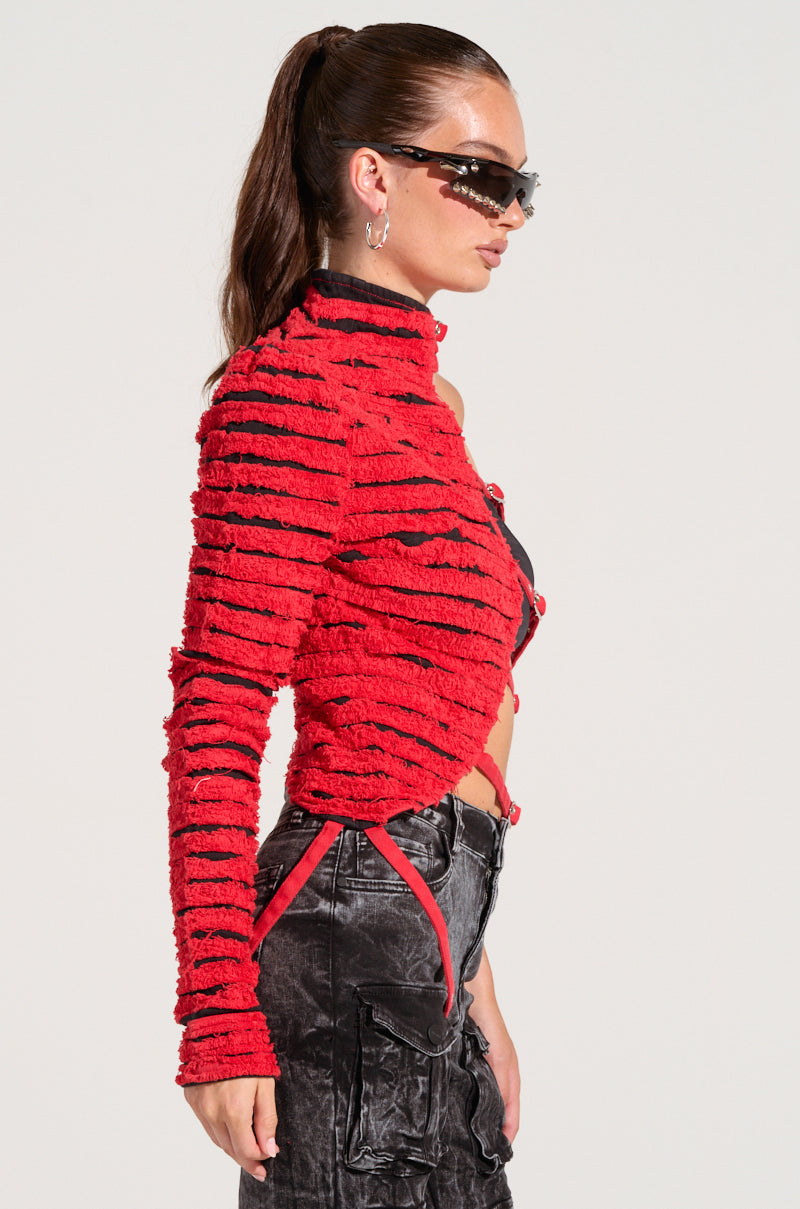 PRETTY RECKLESS DISTRESSED DENIM HALF THERE TOP