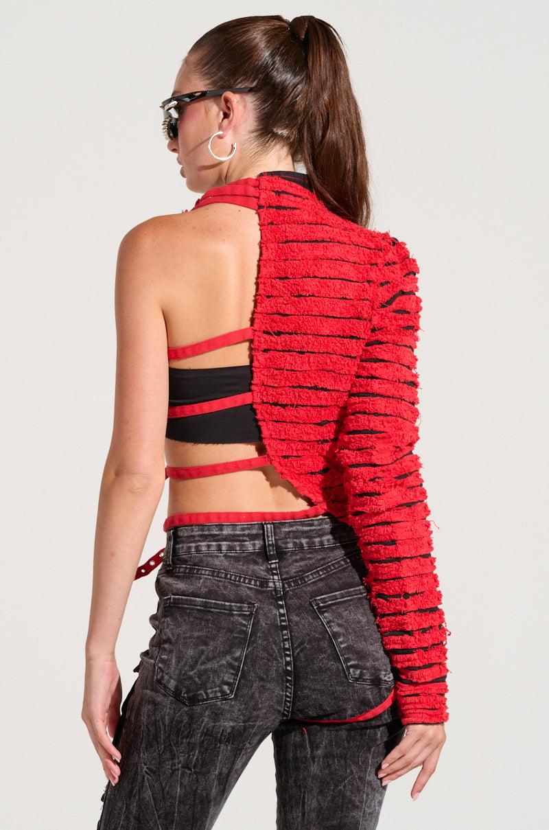 PRETTY RECKLESS DISTRESSED DENIM HALF THERE TOP