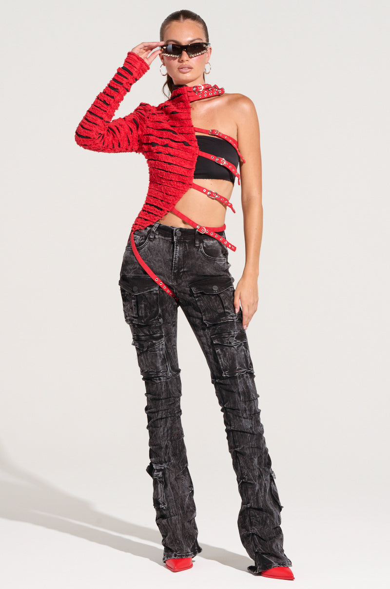 PRETTY RECKLESS DISTRESSED DENIM HALF THERE TOP