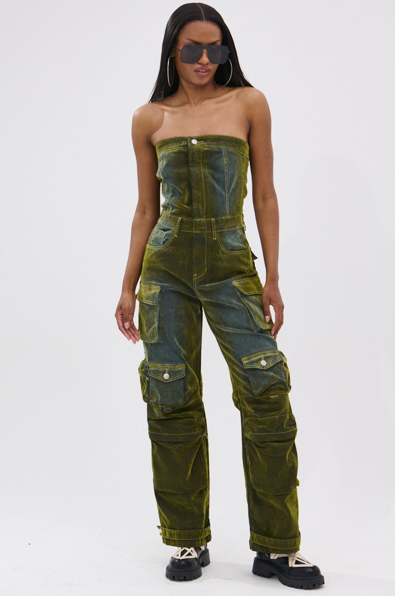 MIRA DISTRESSED VELVET DENIM JUMPSUIT