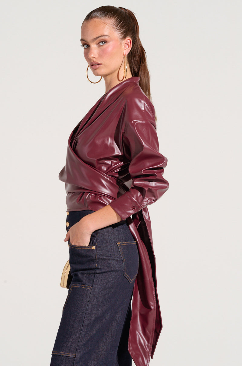 DYLAN FAUX LEATHER WRAP FRONT BLOUSE