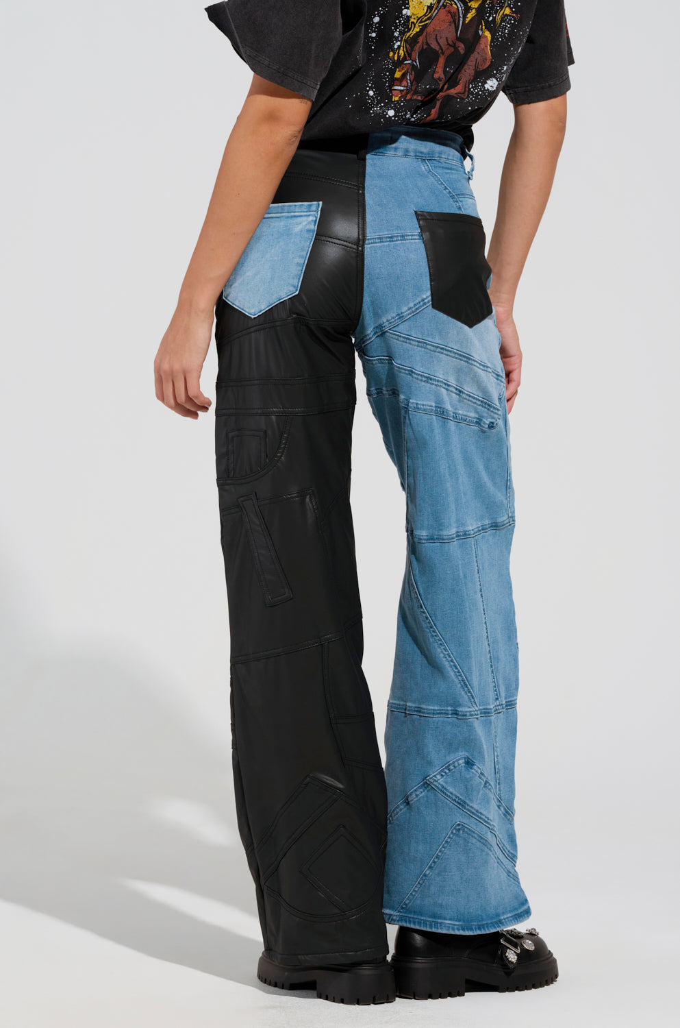 EXTREME STRETCH PATCHWORK WIDE LEG JEANS