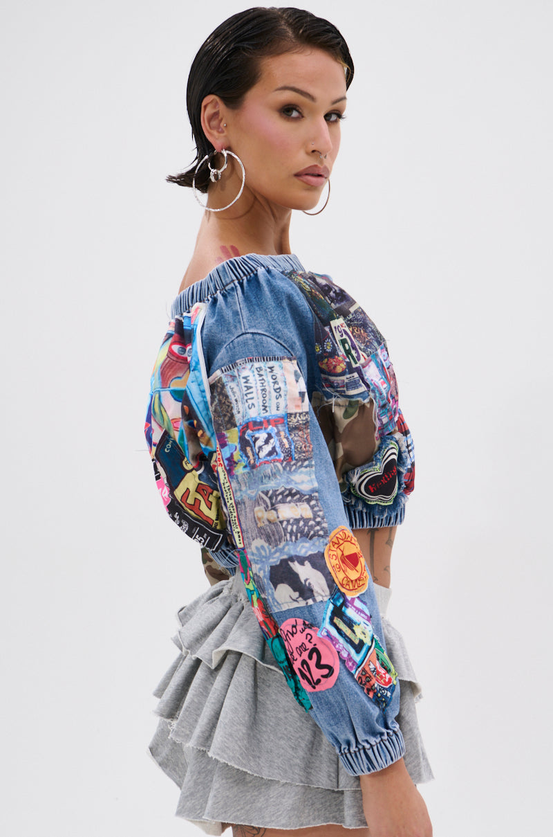 PATCHWORK DENIM OFF THE SHOULDER TOP