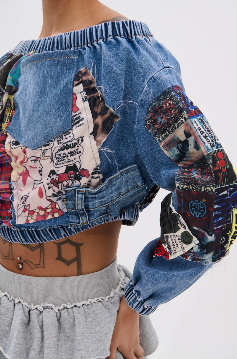 PATCHWORK DENIM OFF THE SHOULDER TOP