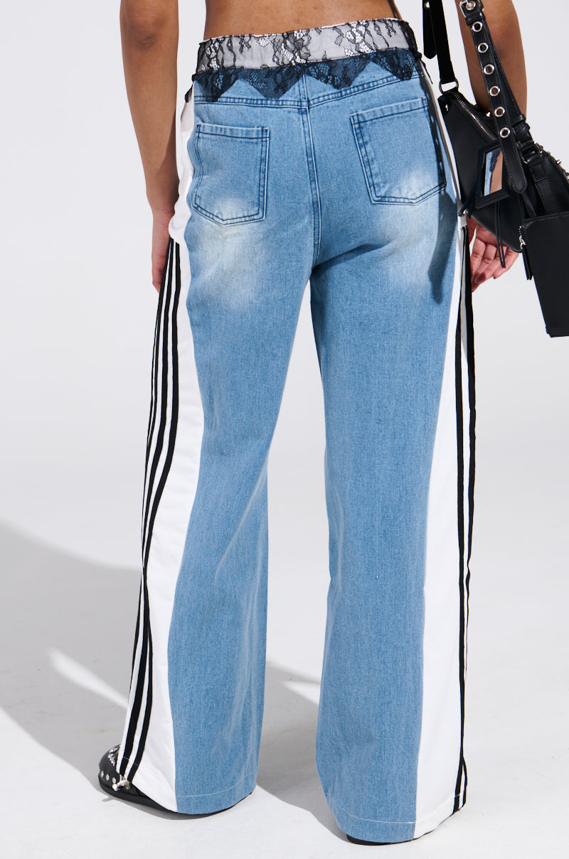SPORTY AND SWEET LIGHT WASH DENIM TRACK PANTS