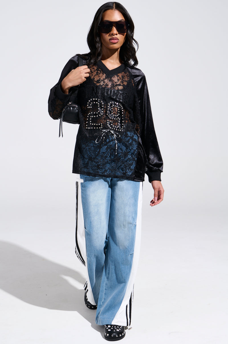 SPORTY AND SWEET LIGHT WASH DENIM TRACK PANTS