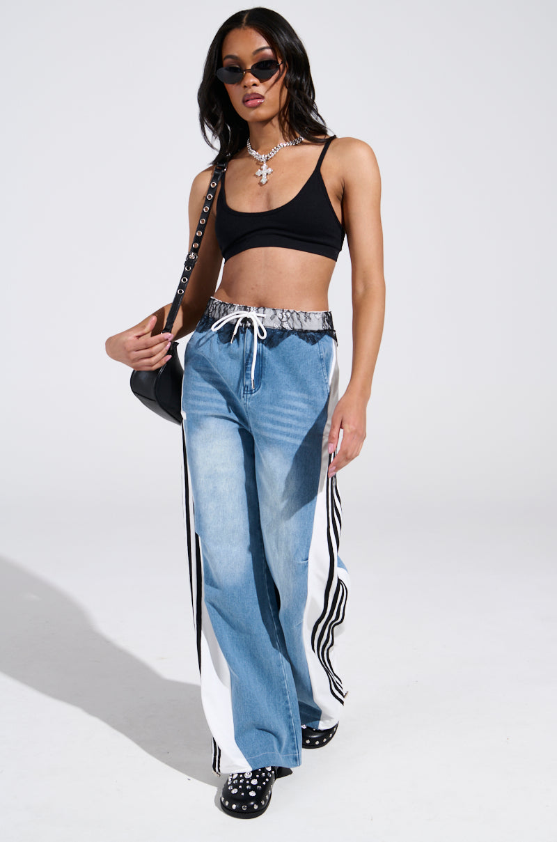 SPORTY AND SWEET LIGHT WASH DENIM TRACK PANTS