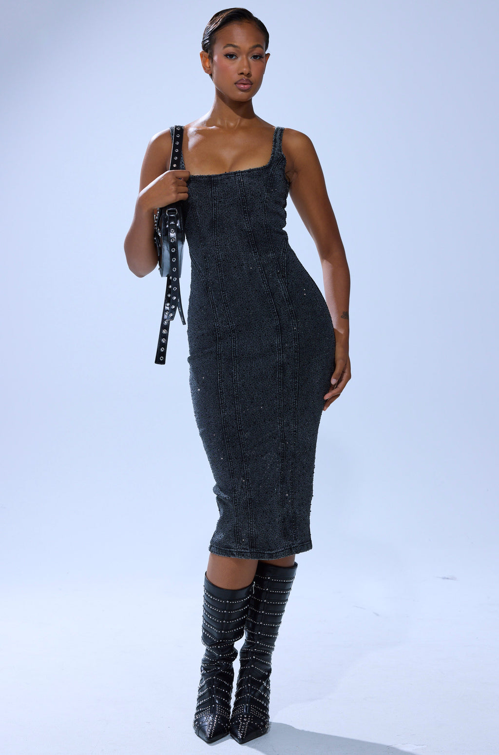 GRUNGY ATTITUDE DENIM MIDI DRESS WITH RHINESTONES