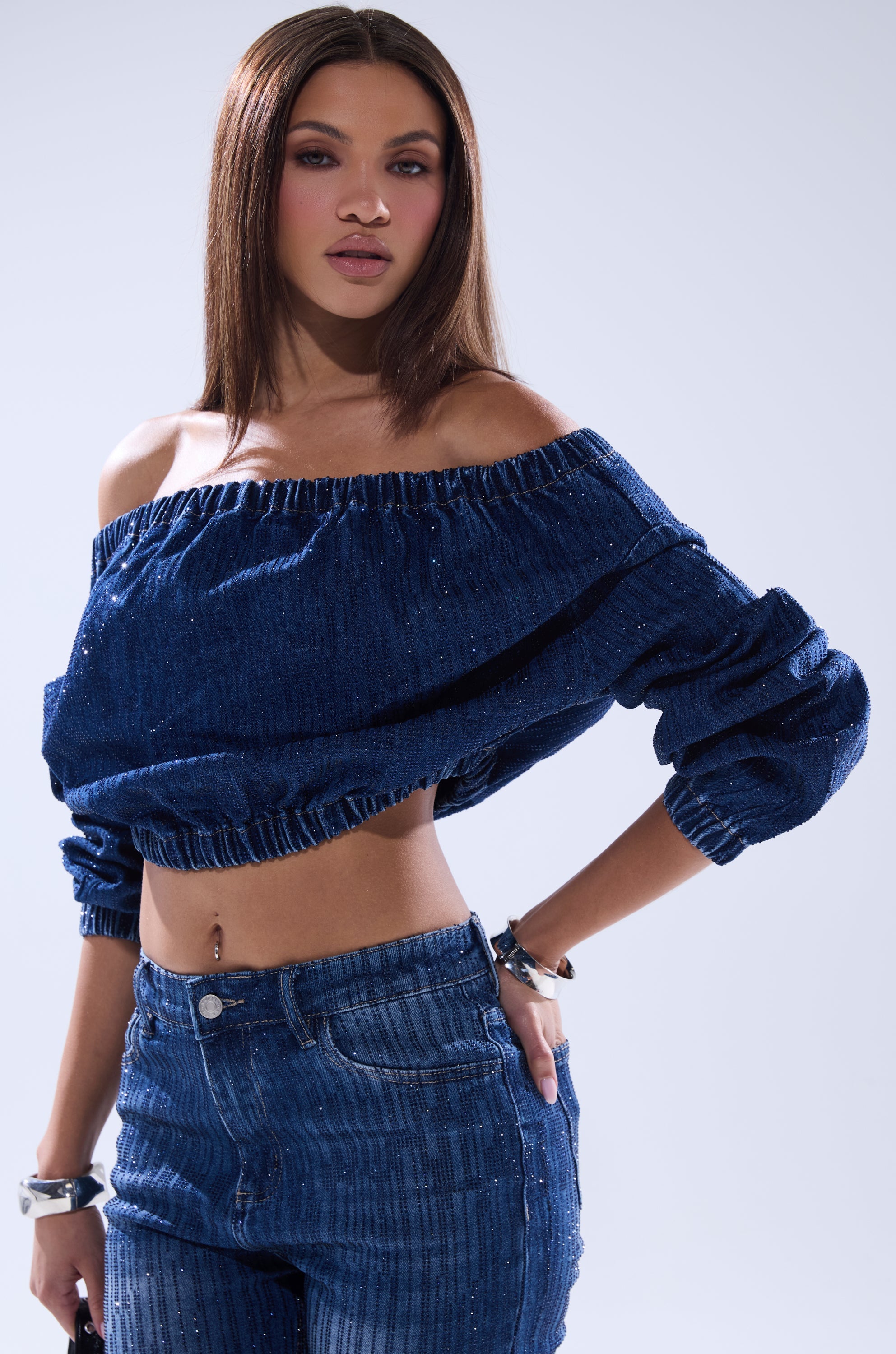 SHINING STAR OFF THE SHOULDER RHINESTONE DENIM SWEATSHIRT
