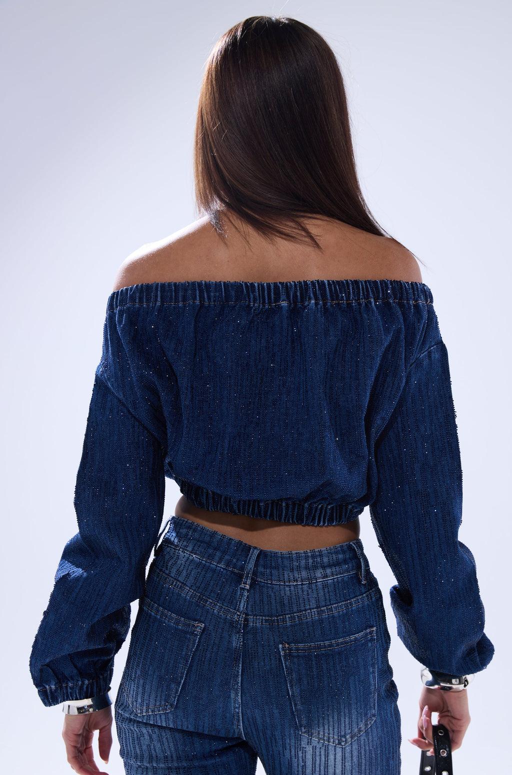 SHINING STAR OFF THE SHOULDER RHINESTONE DENIM SWEATSHIRT