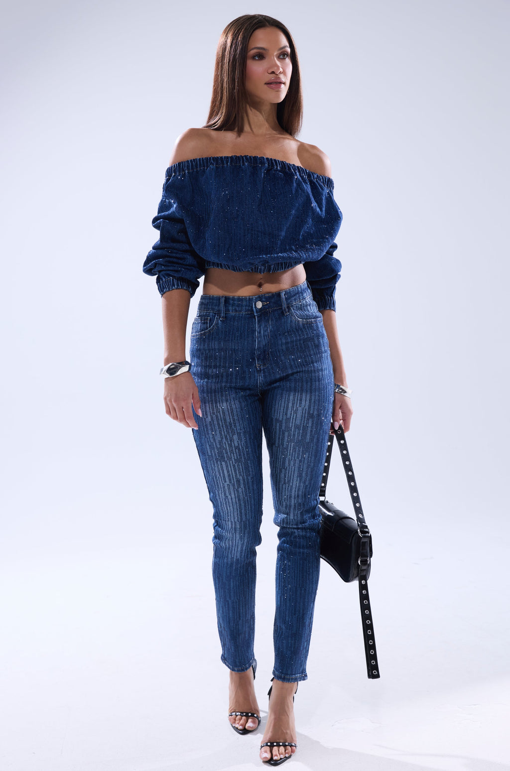 SHINING STAR OFF THE SHOULDER RHINESTONE DENIM SWEATSHIRT