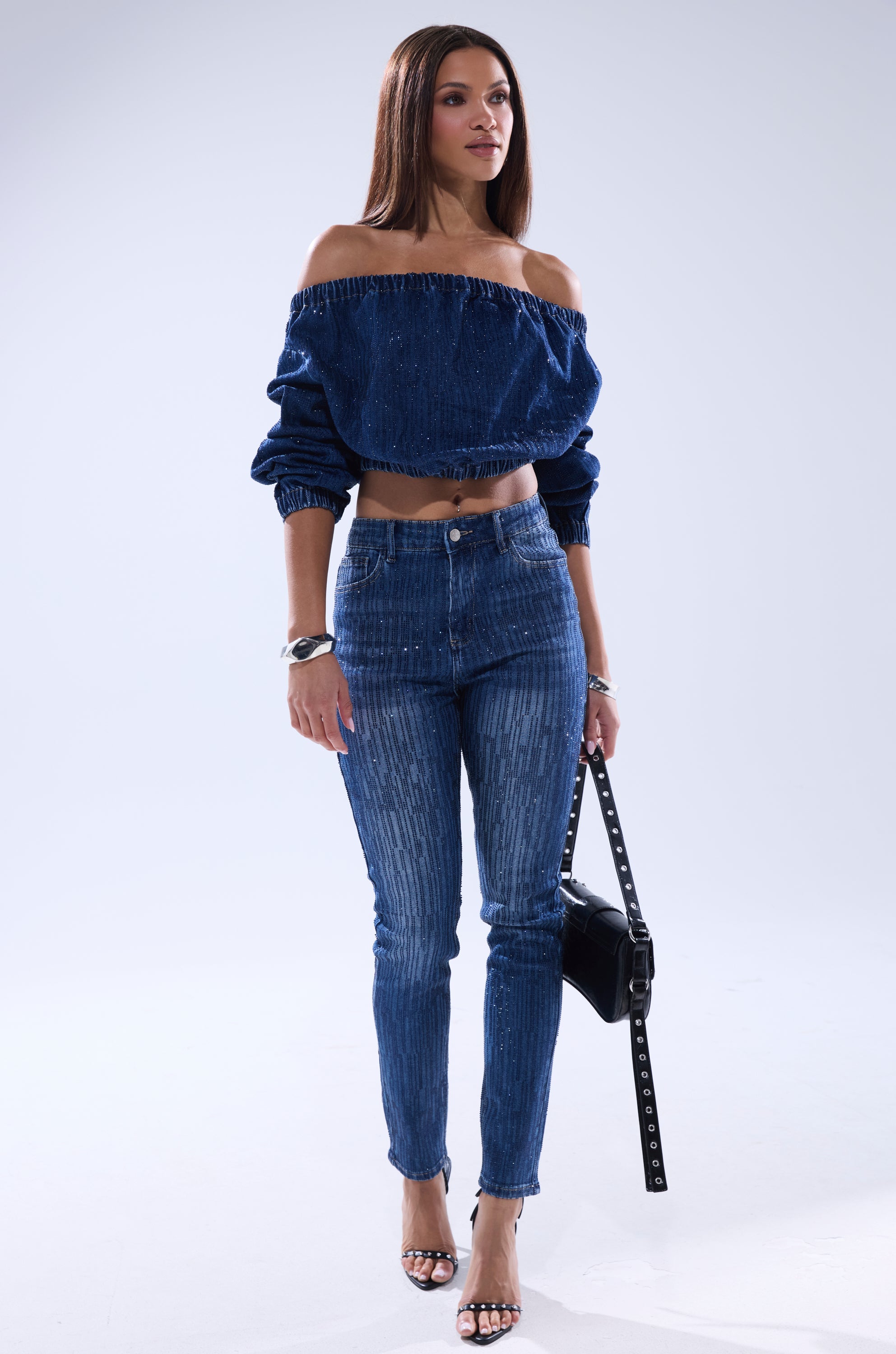 SHINING STAR OFF THE SHOULDER RHINESTONE DENIM SWEATSHIRT