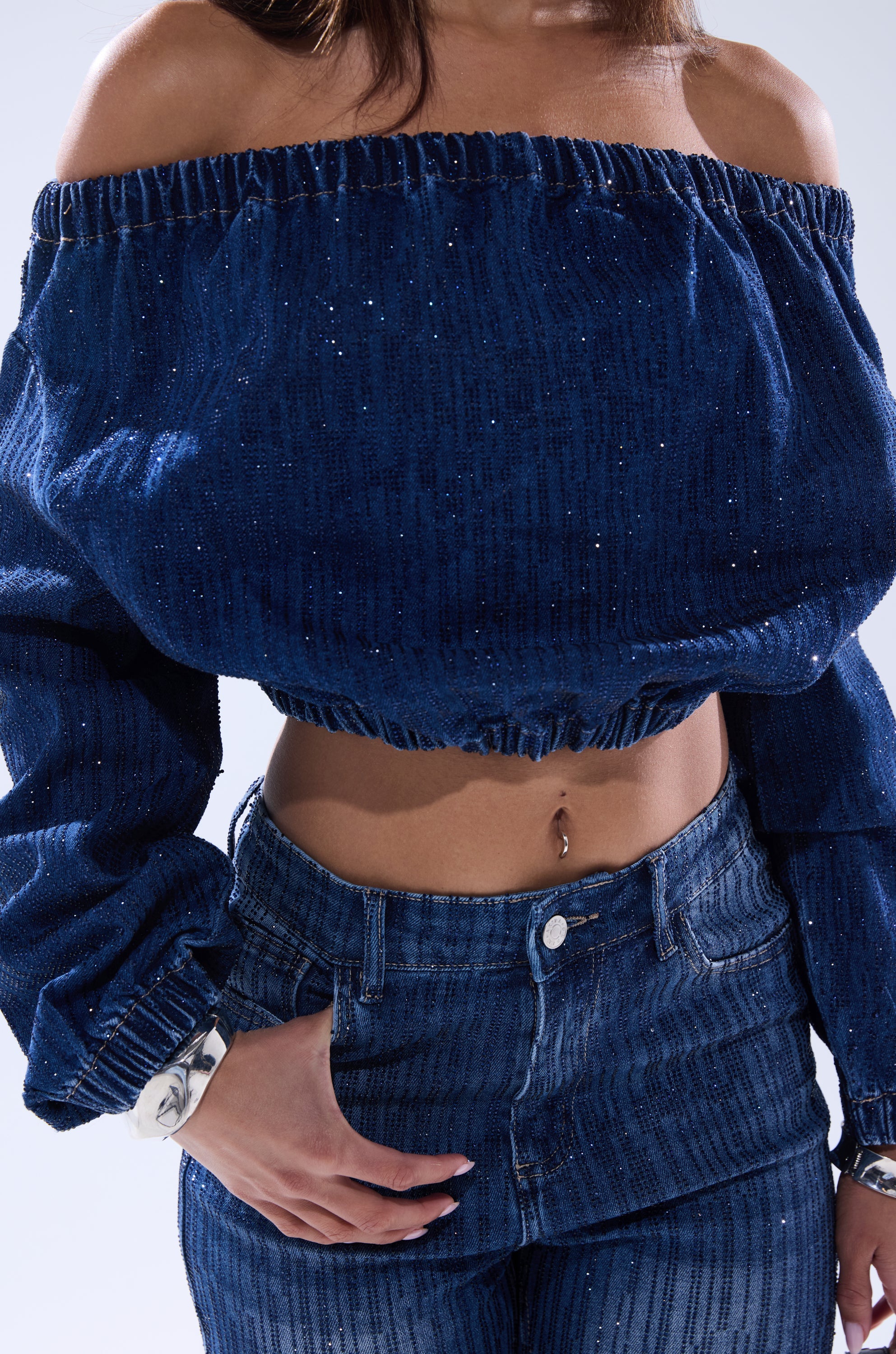 SHINING STAR OFF THE SHOULDER RHINESTONE DENIM SWEATSHIRT