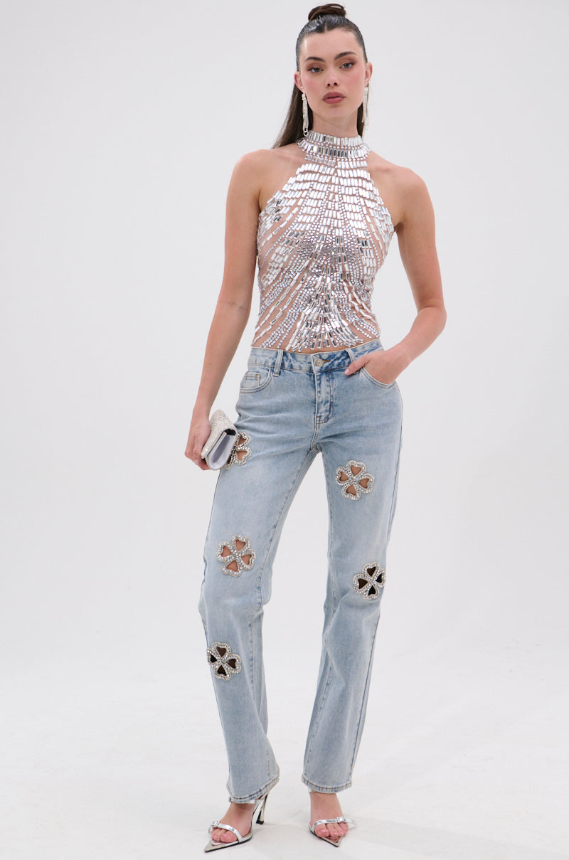 DIVINE FEMININE ENERGY RHINESTONE DETAIL JEANS