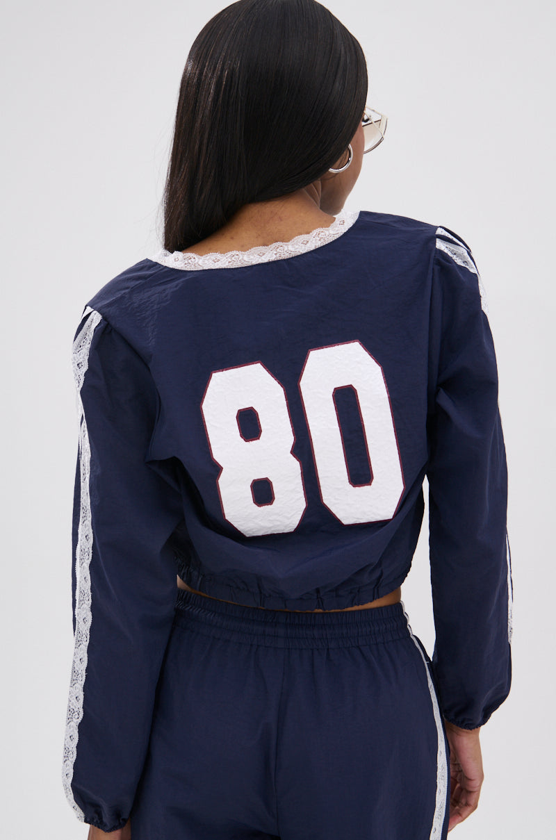 LACE TRIM NYLON CROPPED SWEATSHIRT