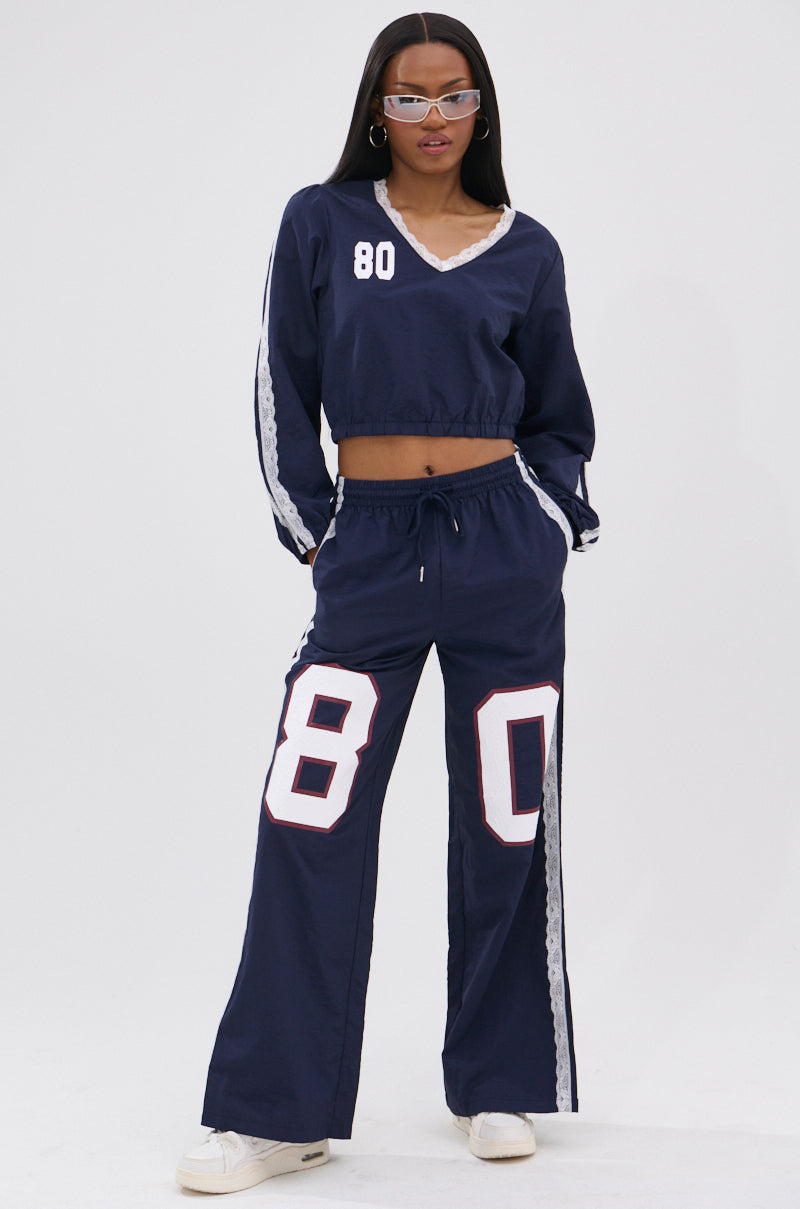 LACE TRIM NYLON CROPPED SWEATSHIRT