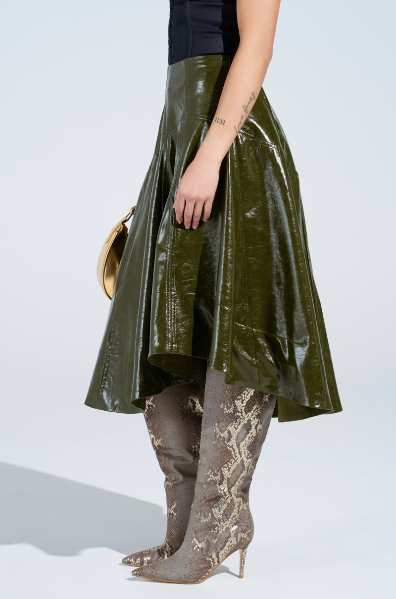 THINK ABOUT IT FAUX LEATHER MIDI SKIRT IN OLIVE