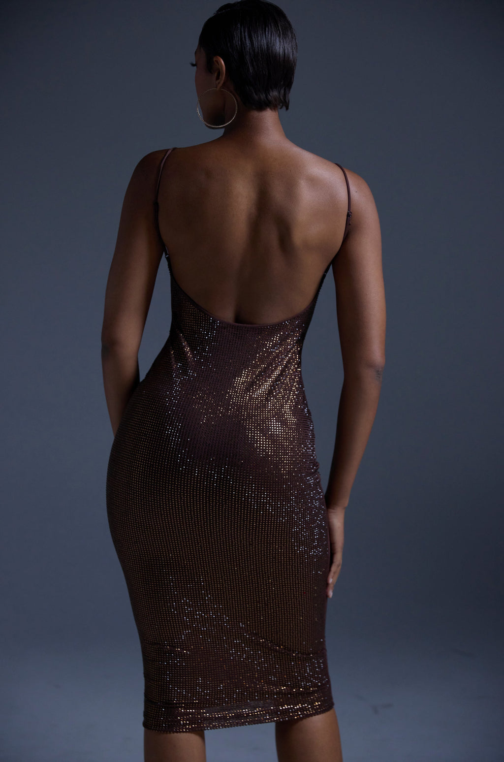 JUST FOR FUN RHINESTONE MIDI DRESS IN BROWN