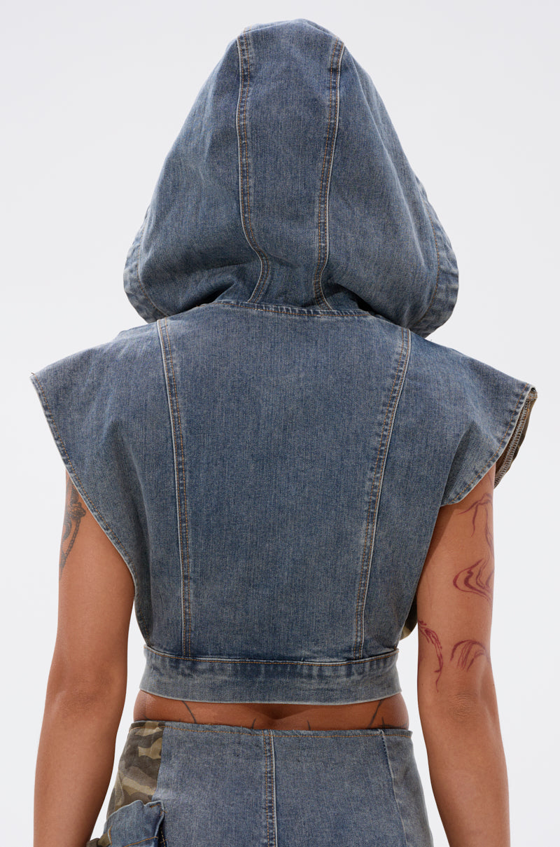 DOWN AND DIRTY DENIM HOODED VEST