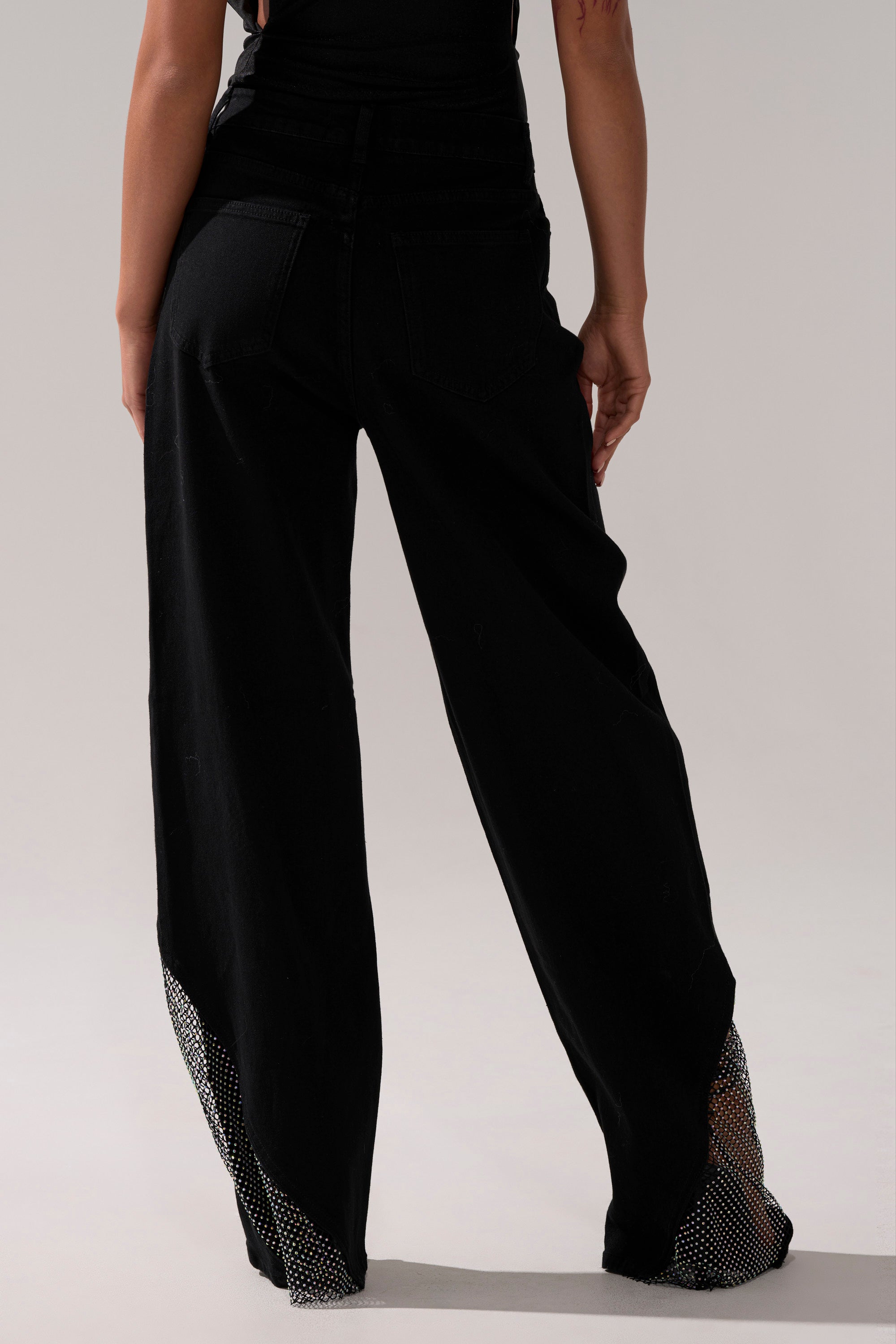 SOMETHING DIFFERENT RELAXED DENIM WITH RHINESTONE MESH